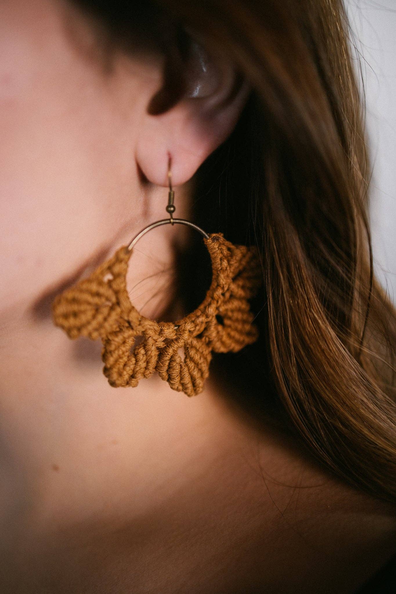 Woven Macrame Boho Leaf Earrings- Camel