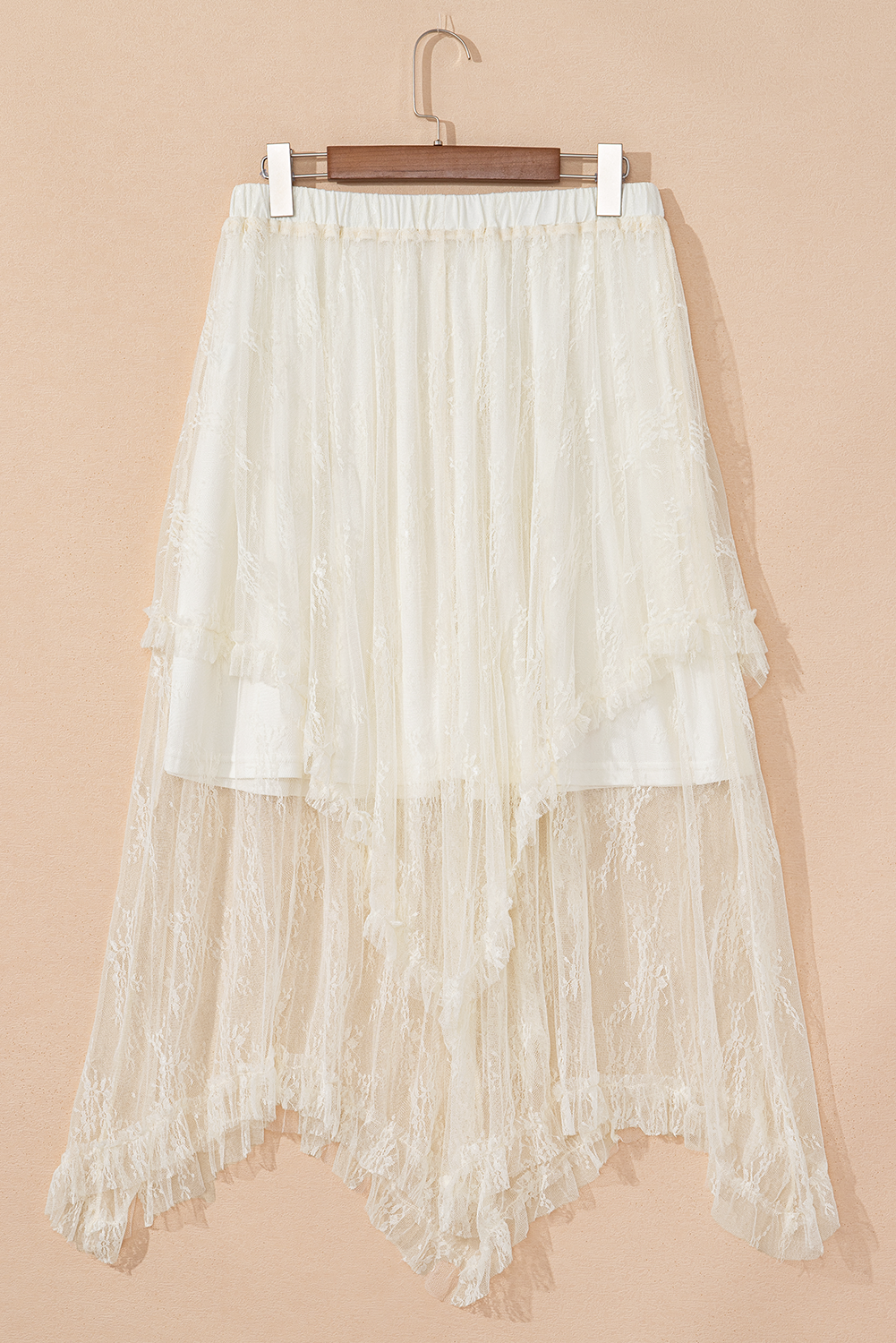 Beige Lace Cascading Tiered High Waist Maxi Skirt: Beige / 90%Polyamide+10%Elastane / L