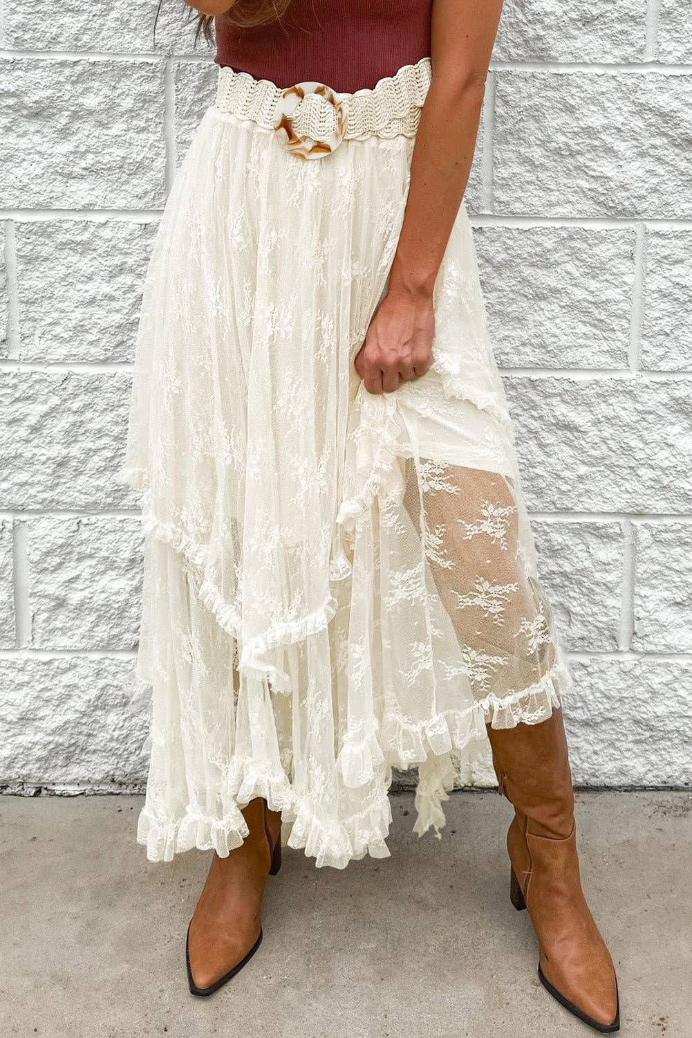 Beige Lace Cascading Tiered High Waist Maxi Skirt: Beige / 90%Polyamide+10%Elastane / L