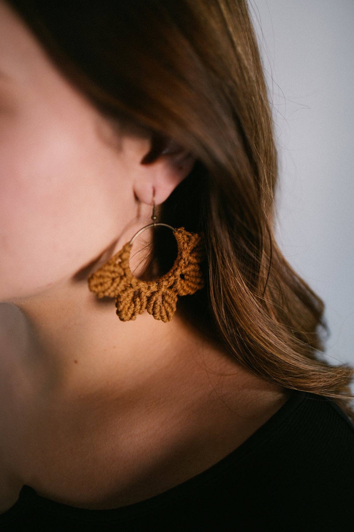 Woven Macrame Boho Leaf Earrings- Camel