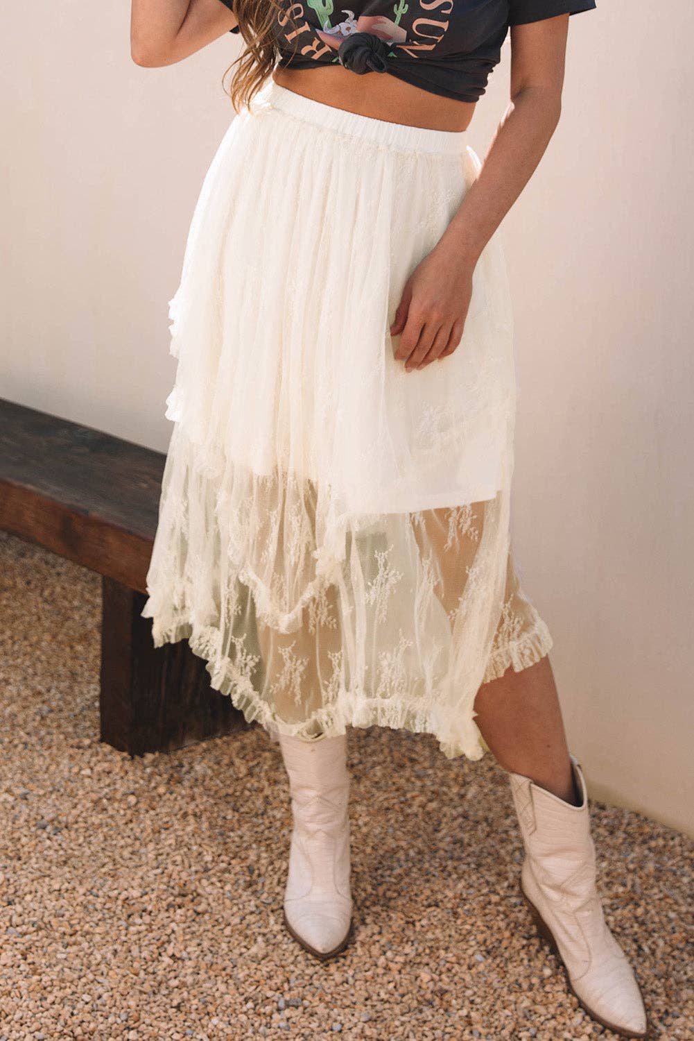Beige Lace Cascading Tiered High Waist Maxi Skirt: Beige / 90%Polyamide+10%Elastane / L