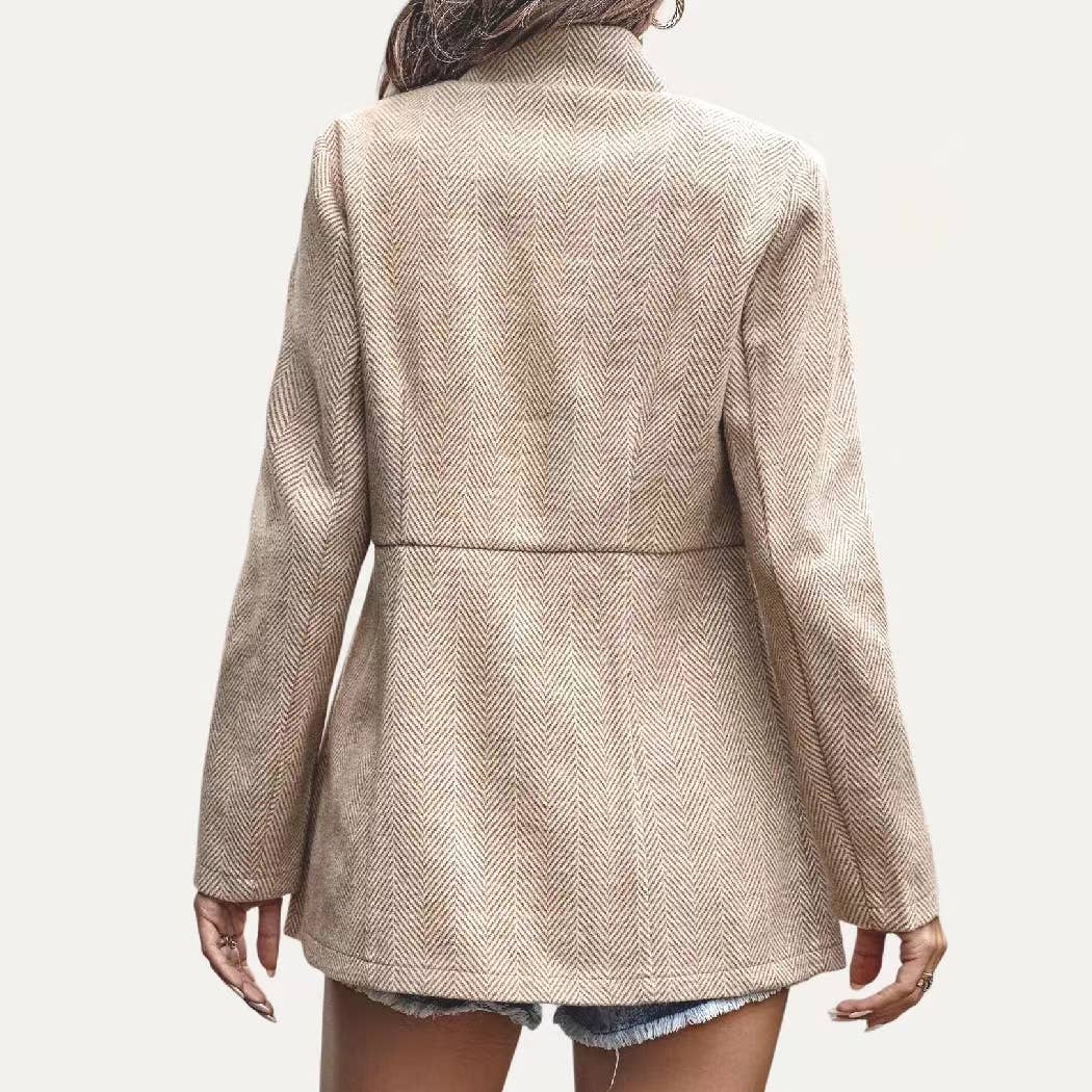 Striped Pattern Mock Neck Open Front Long Sleeve Blazer: Khaki / M