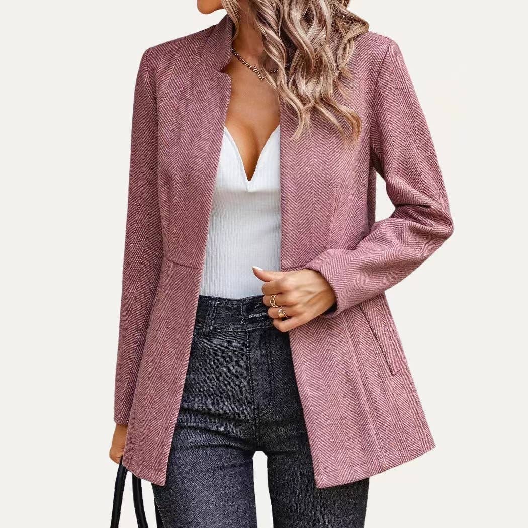 Striped Pattern Mock Neck Open Front Long Sleeve Blazer: Khaki / M