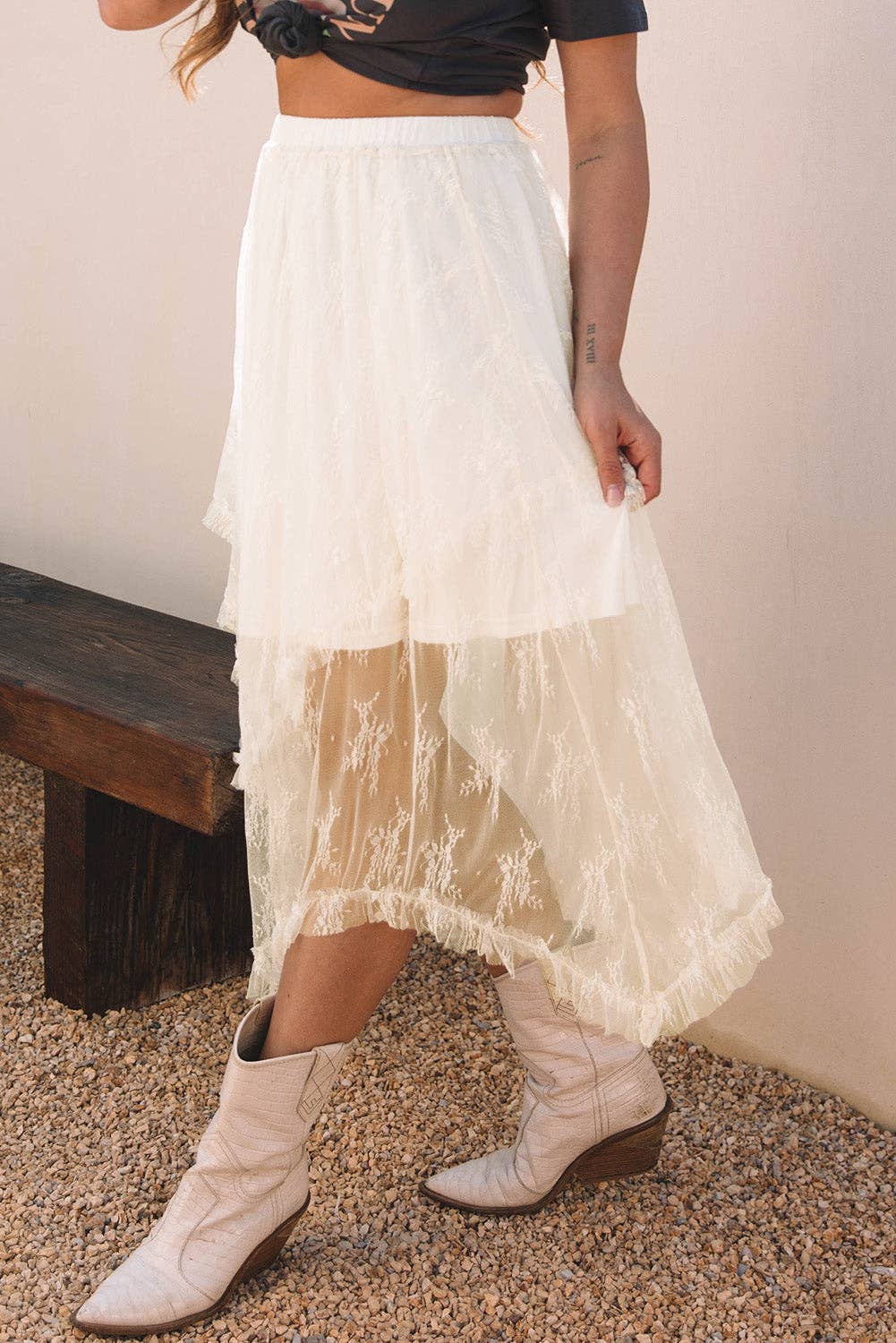 Beige Lace Cascading Tiered High Waist Maxi Skirt: Beige / 90%Polyamide+10%Elastane / L