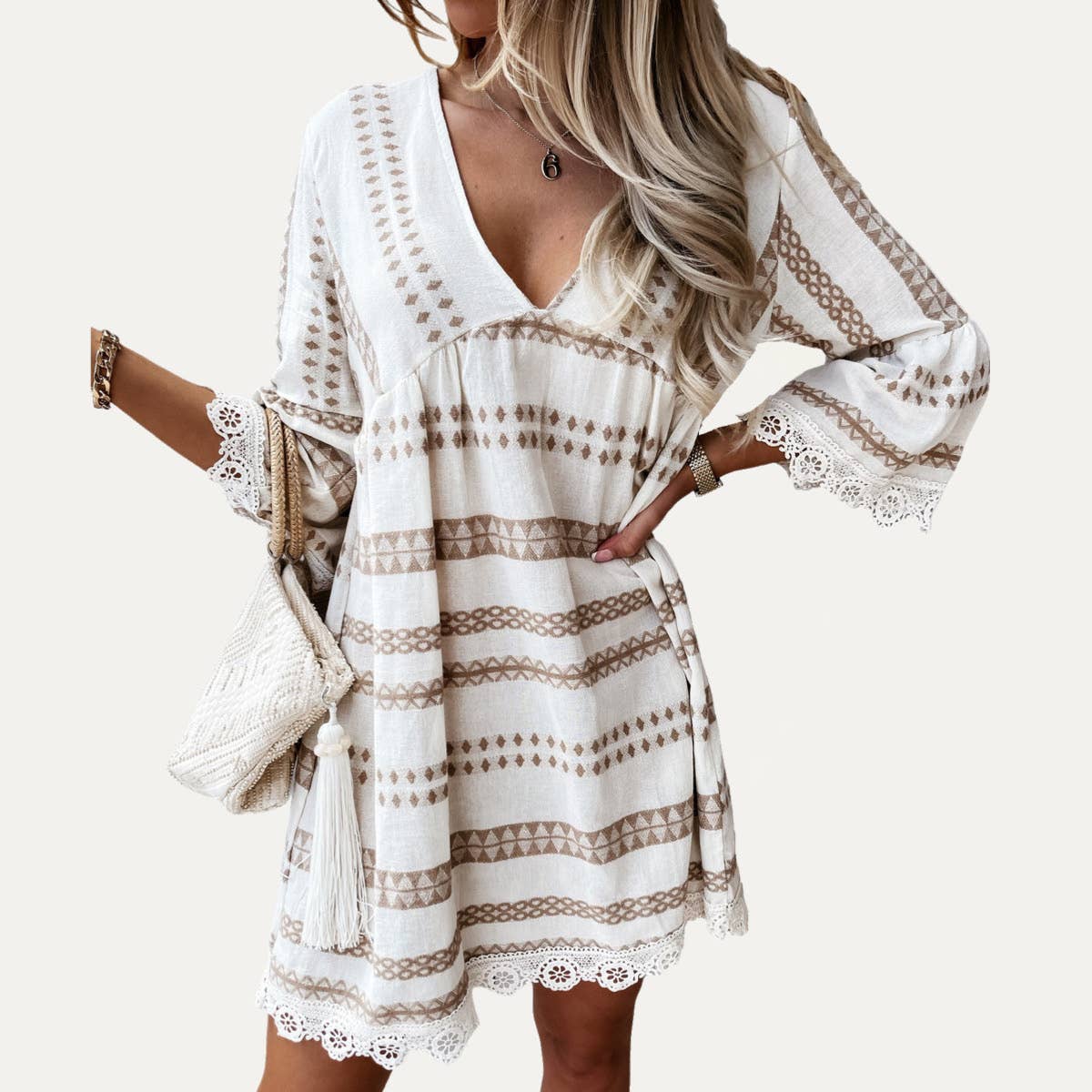 Perfect Boho-Style Printed V-Neck Crochet Lace Mini Dress: COFFEE / S