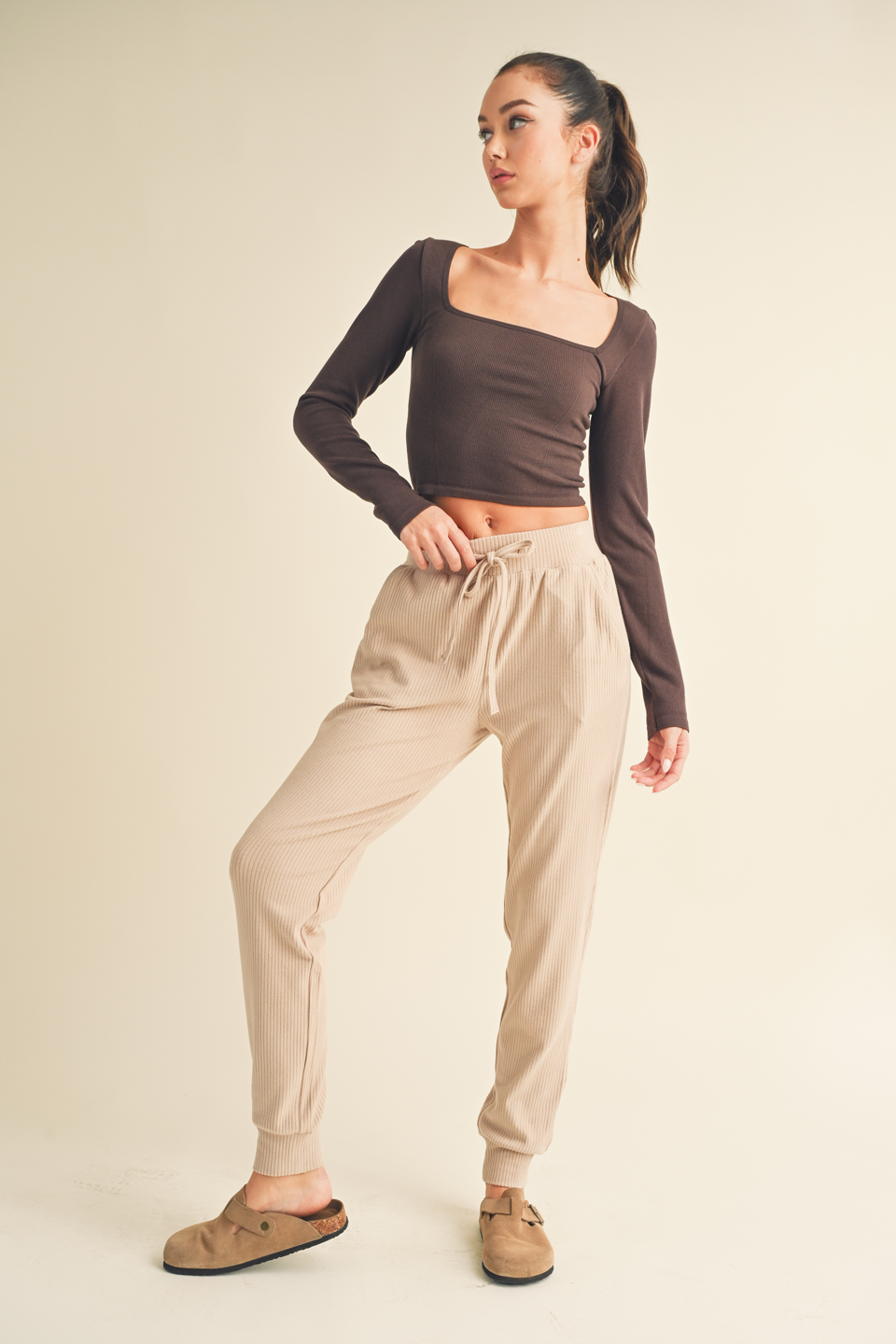 Taupe Soft Brushed Rib Sweatpants: S / Taupe