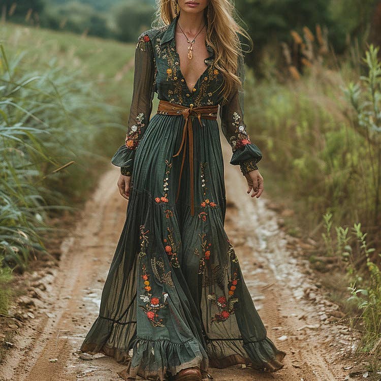 Women's Bohemian Floral Print Long Sleeve Maxi Dress: Green / M