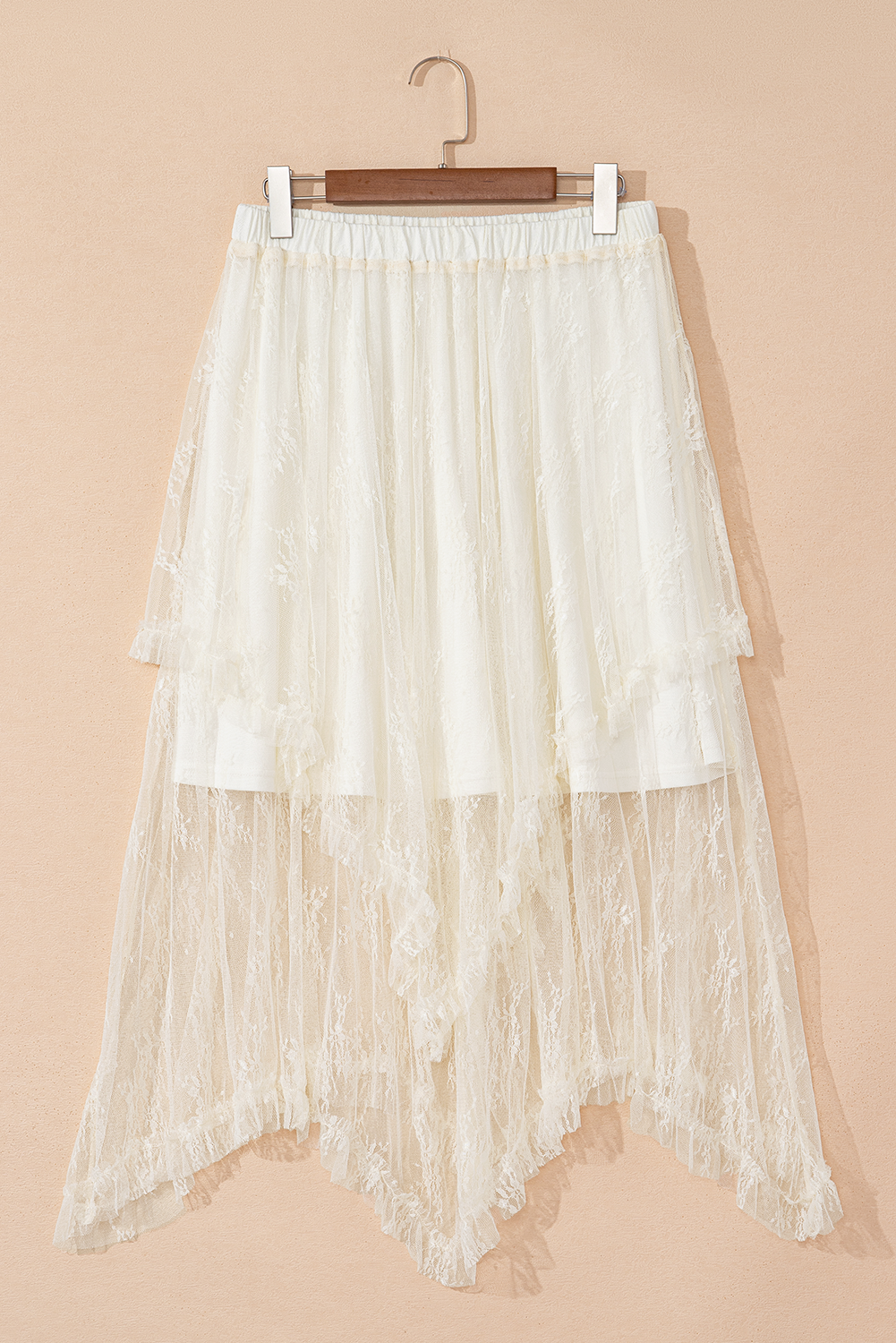 Beige Lace Cascading Tiered High Waist Maxi Skirt: Beige / 90%Polyamide+10%Elastane / L