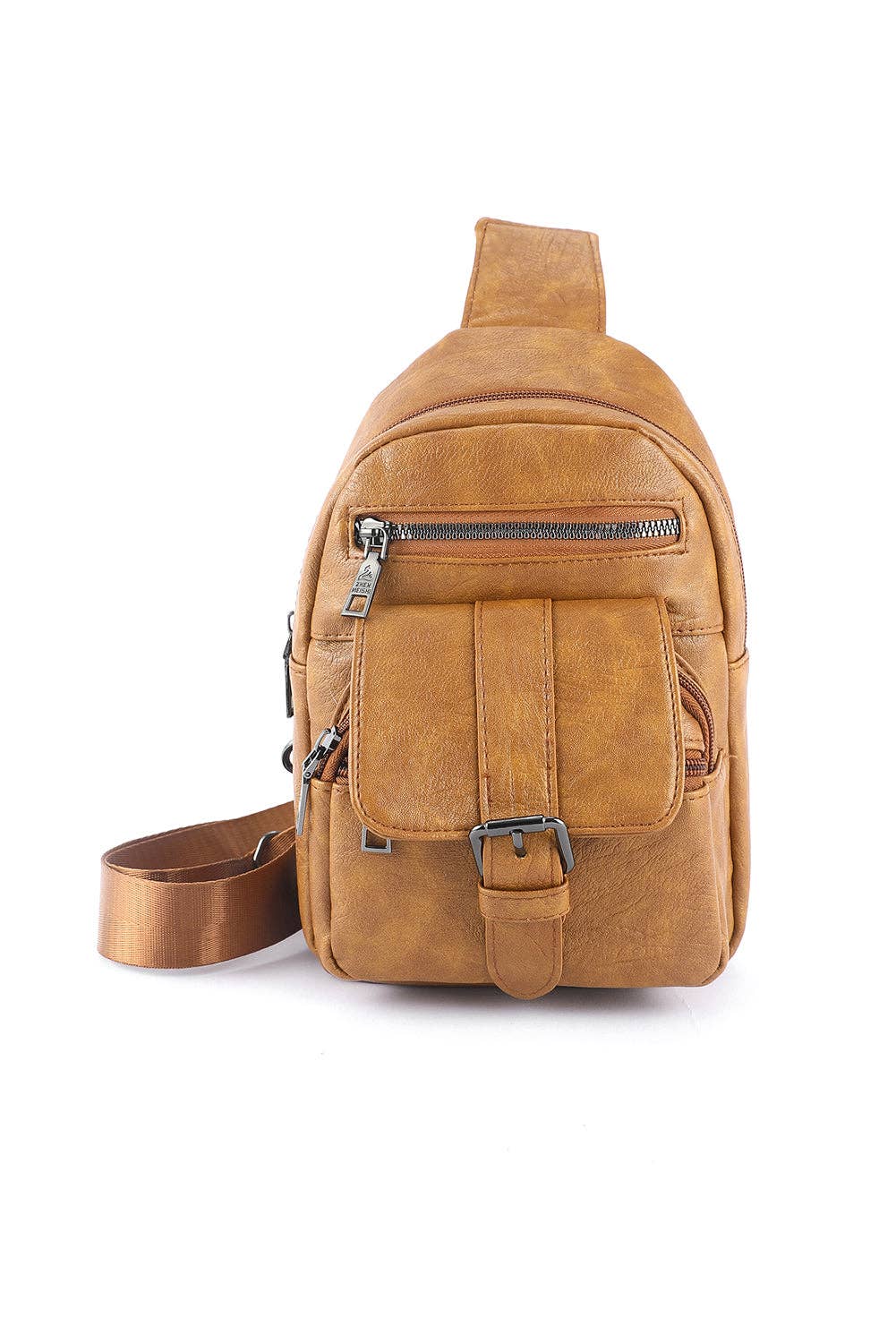 Khaki Vintage Multi Pockets Sling Bag: Khaki / 100%Pu / One Size