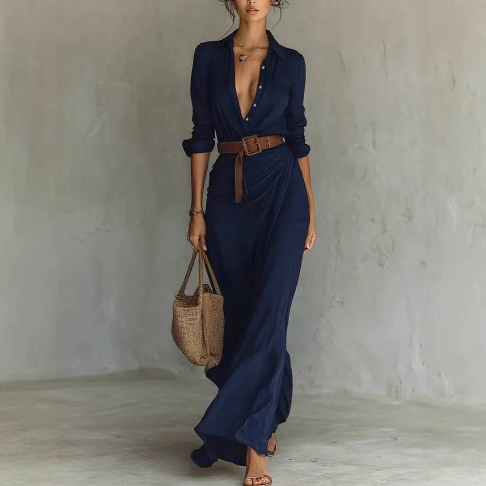 New Autumn Woman Deep V Neck Hollow Long Dress Elegant Solid: Blue / M