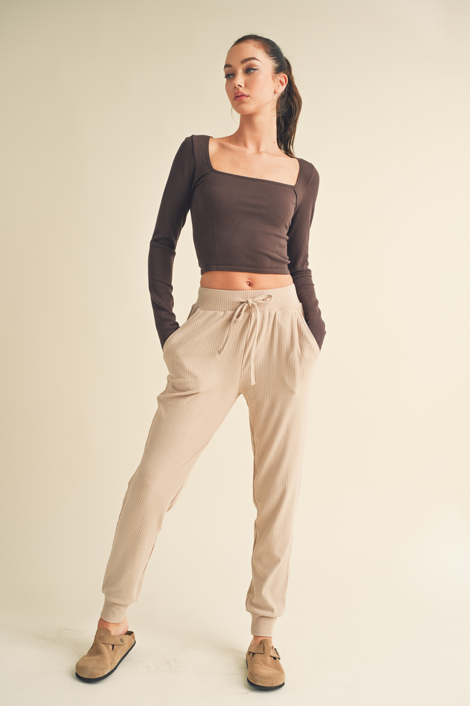 Taupe Soft Brushed Rib Sweatpants: S / Taupe