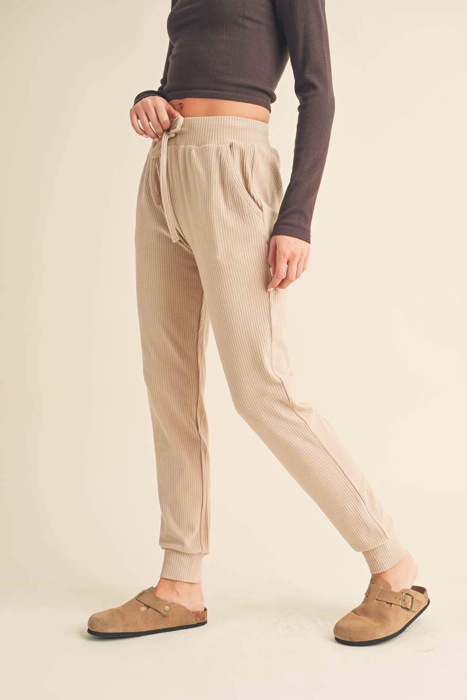 Taupe Soft Brushed Rib Sweatpants: S / Taupe