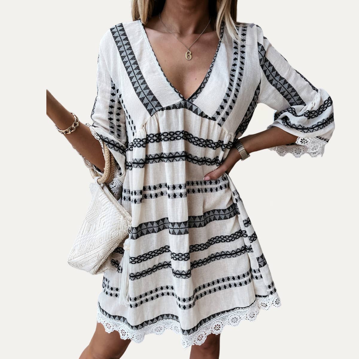 Perfect Boho-Style Printed V-Neck Crochet Lace Mini Dress: COFFEE / M