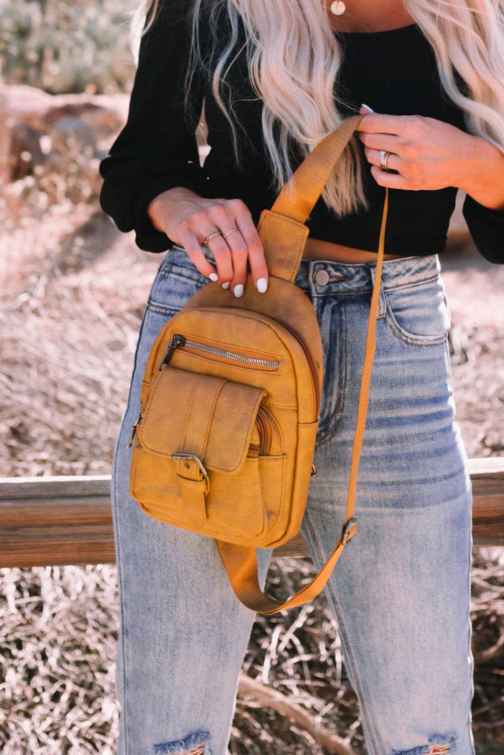 Khaki Vintage Multi Pockets Sling Bag: Khaki / 100%Pu / One Size