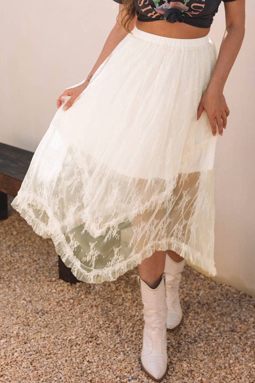 Beige Lace Cascading Tiered High Waist Maxi Skirt: Beige / 90%Polyamide+10%Elastane / L