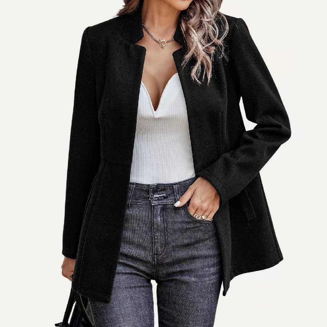 Striped Pattern Mock Neck Open Front Long Sleeve Blazer: Khaki / M