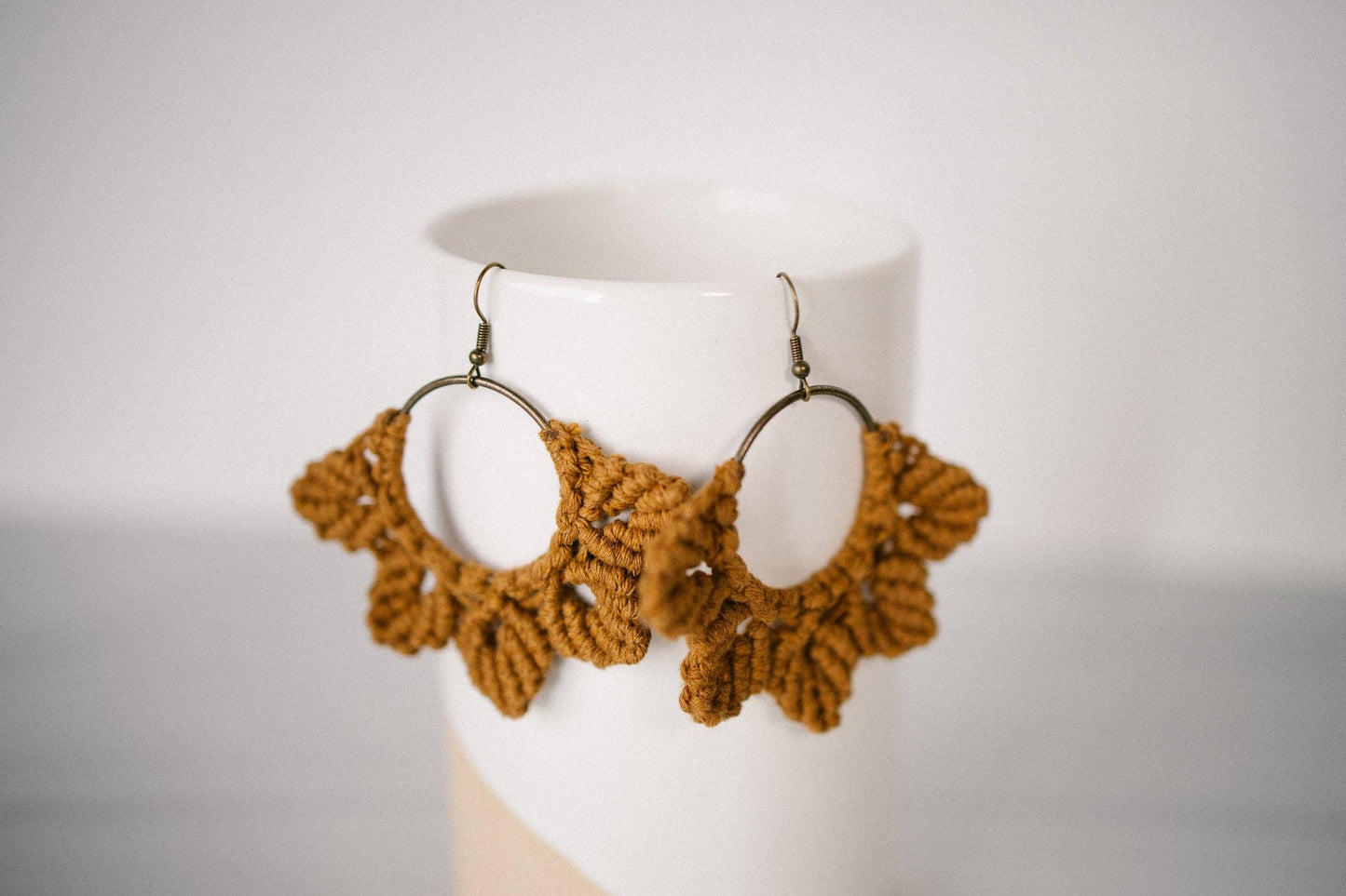 Woven Macrame Boho Leaf Earrings- Camel