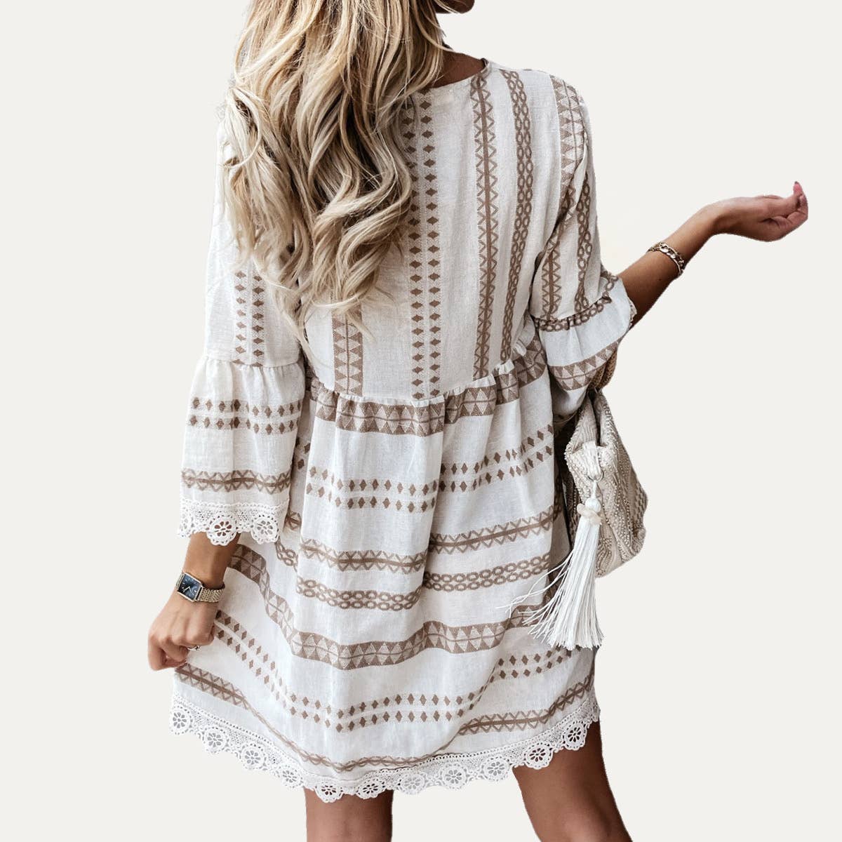 Perfect Boho-Style Printed V-Neck Crochet Lace Mini Dress: COFFEE / L