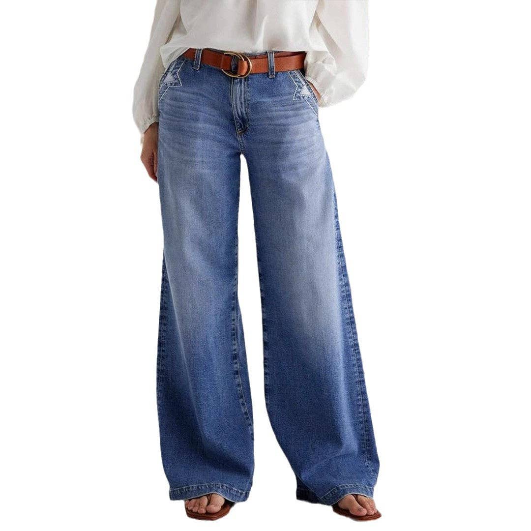 Vintage Washed Straight Leg Simple Jeans DP25A490: Blue / S