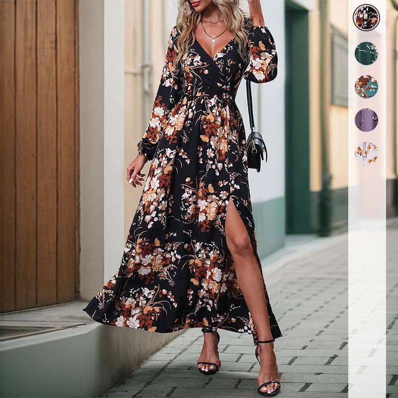 Women Floral Printed Elegant V-Neck Long Sleeve Maxi Dress: Black / M