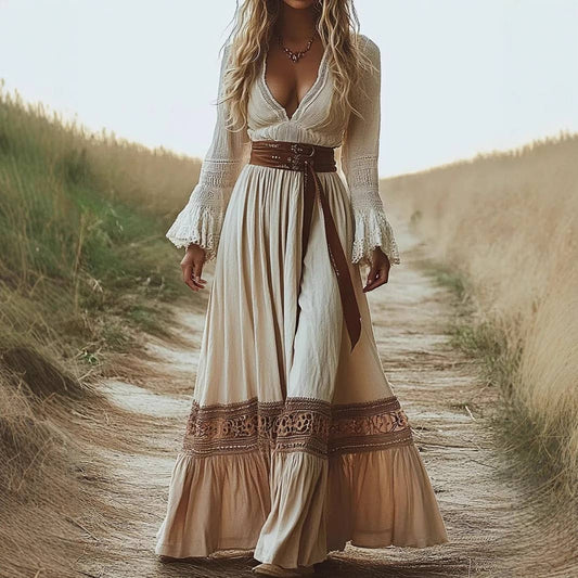 Vintage Denim-Inspired Bohemian Maxi Dress: M