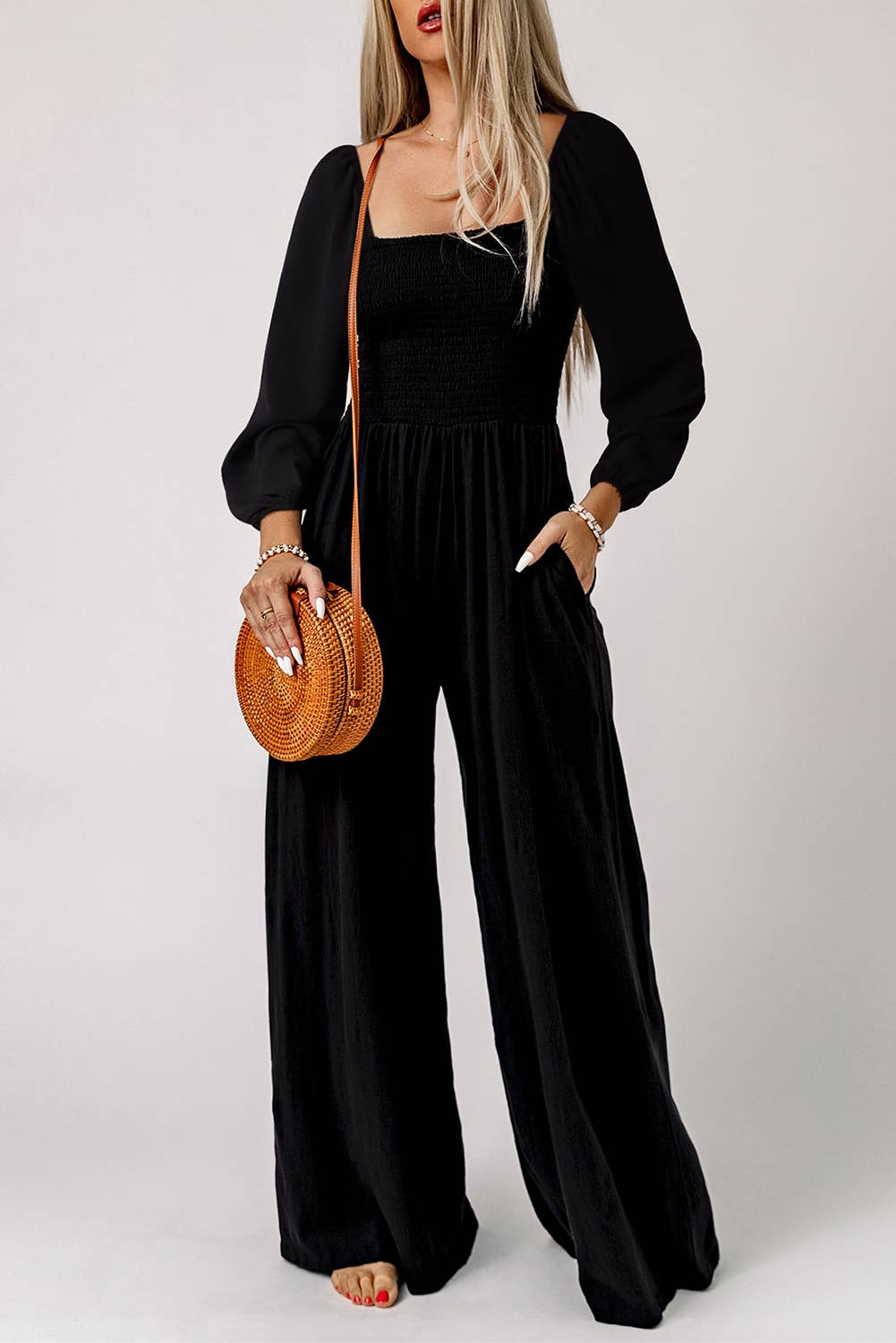 Smocked Puff Long Sleeve Jumpsuit