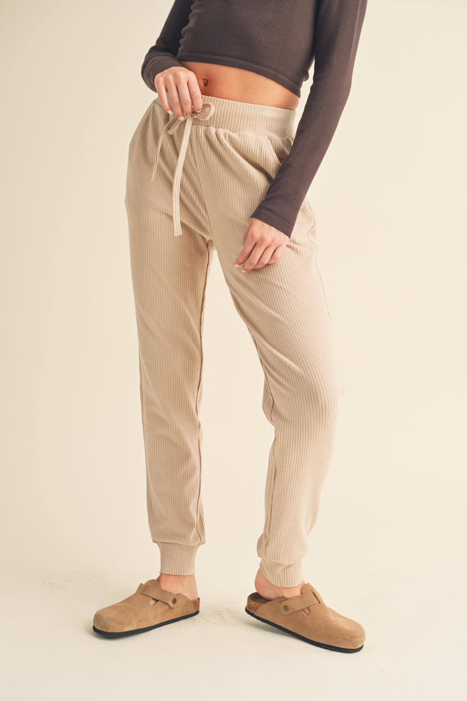 Taupe Soft Brushed Rib Sweatpants: S / Taupe