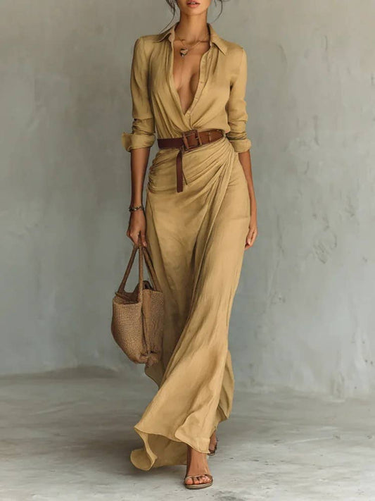 New Autumn Woman Deep V Neck Hollow Long Dress Elegant Solid: Yellow / M