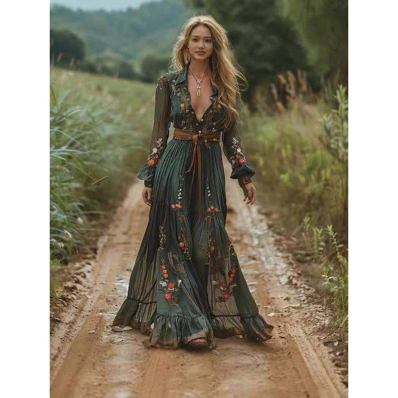 Women's Bohemian Floral Print Long Sleeve Maxi Dress: Green / M