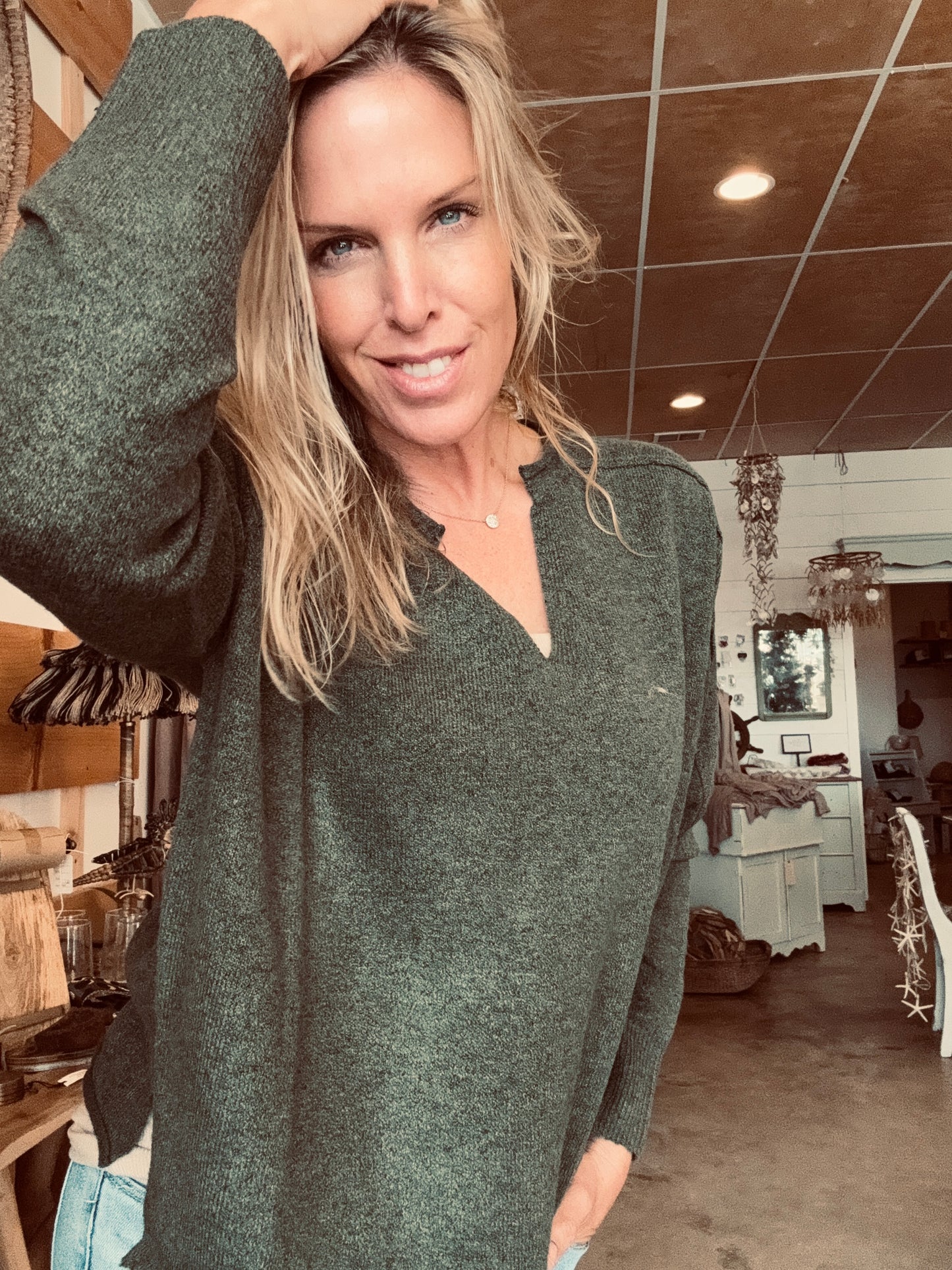Green pullover V neck