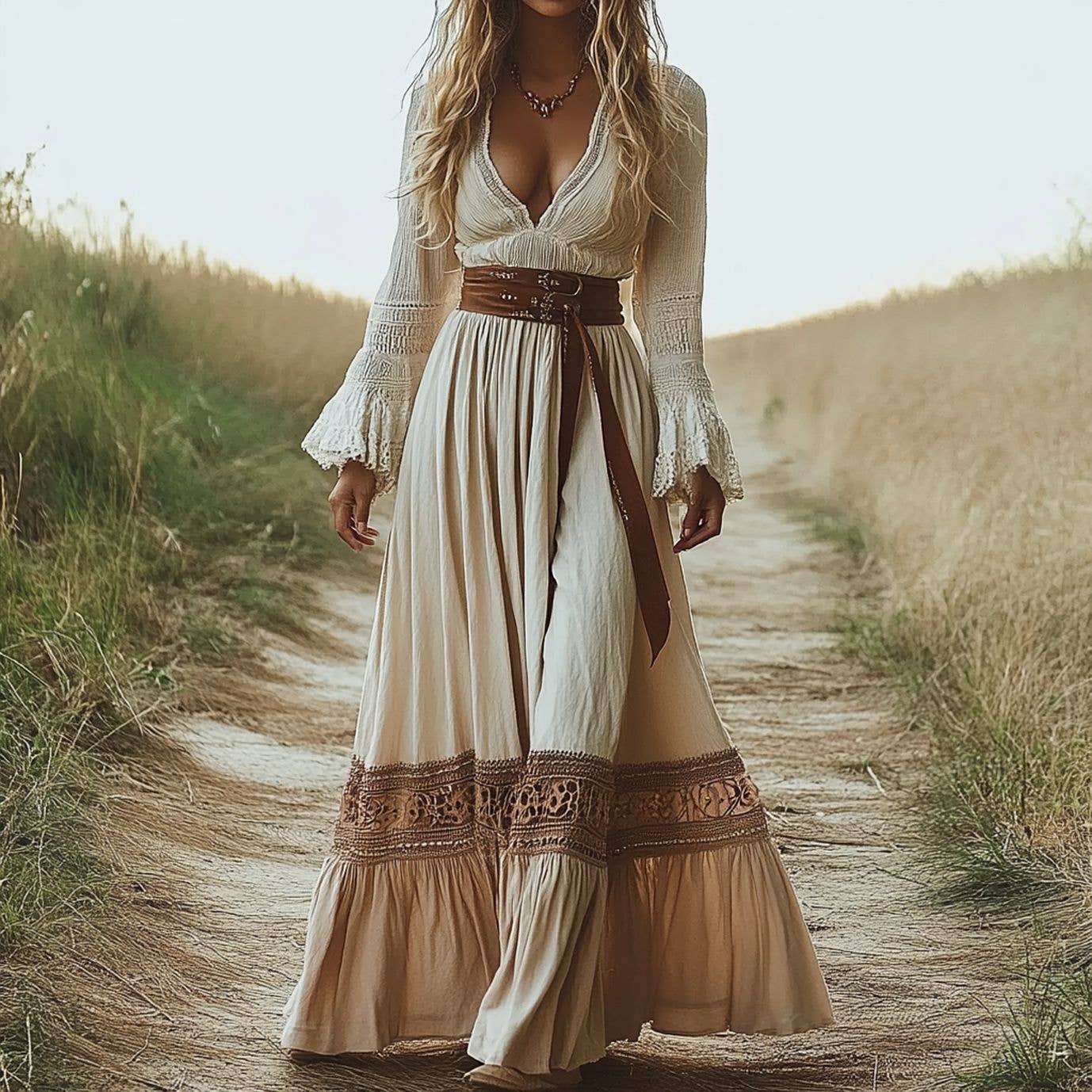 Vintage Denim-Inspired Bohemian Maxi Dress: M