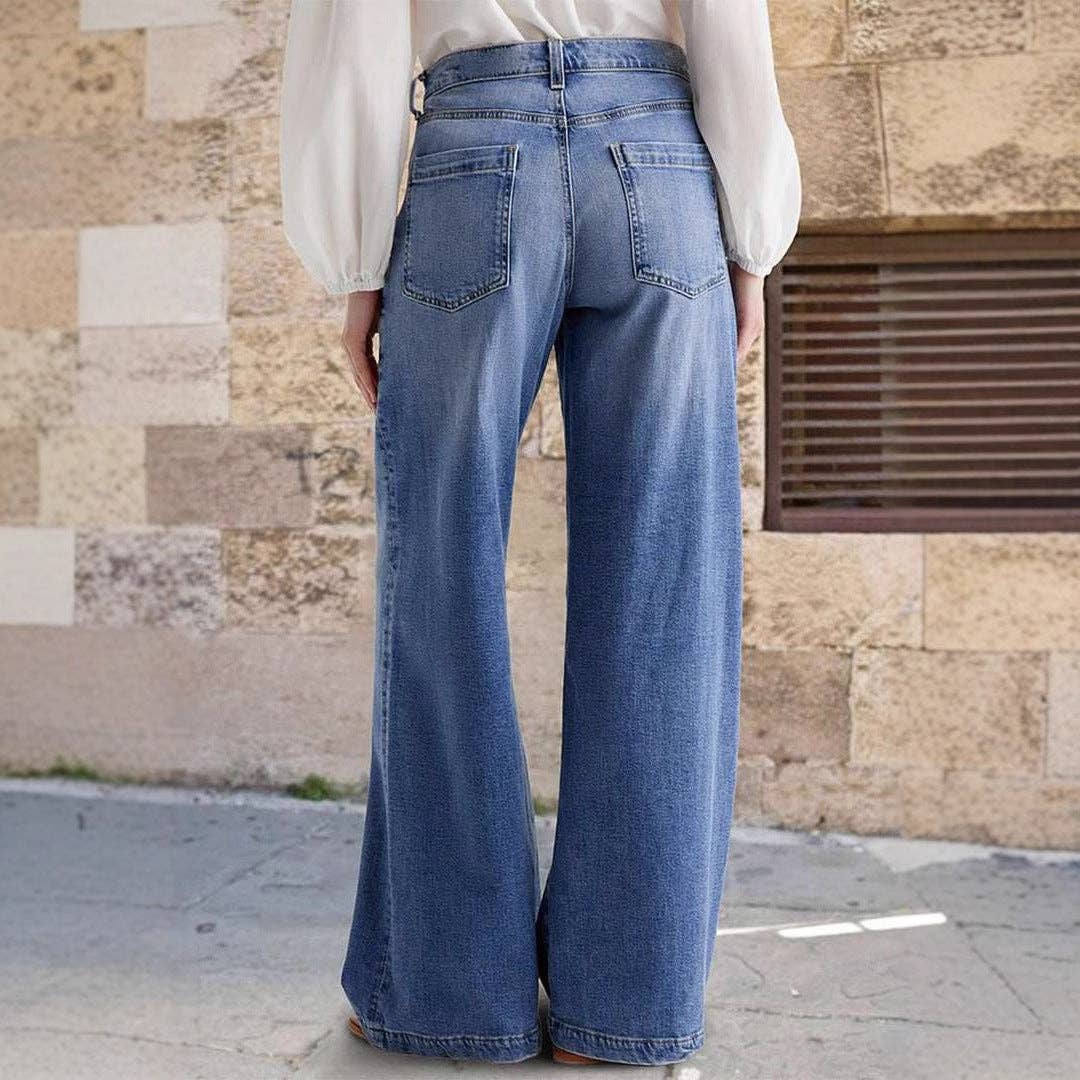 Vintage Washed Straight Leg Simple Jeans DP25A490: Blue / S