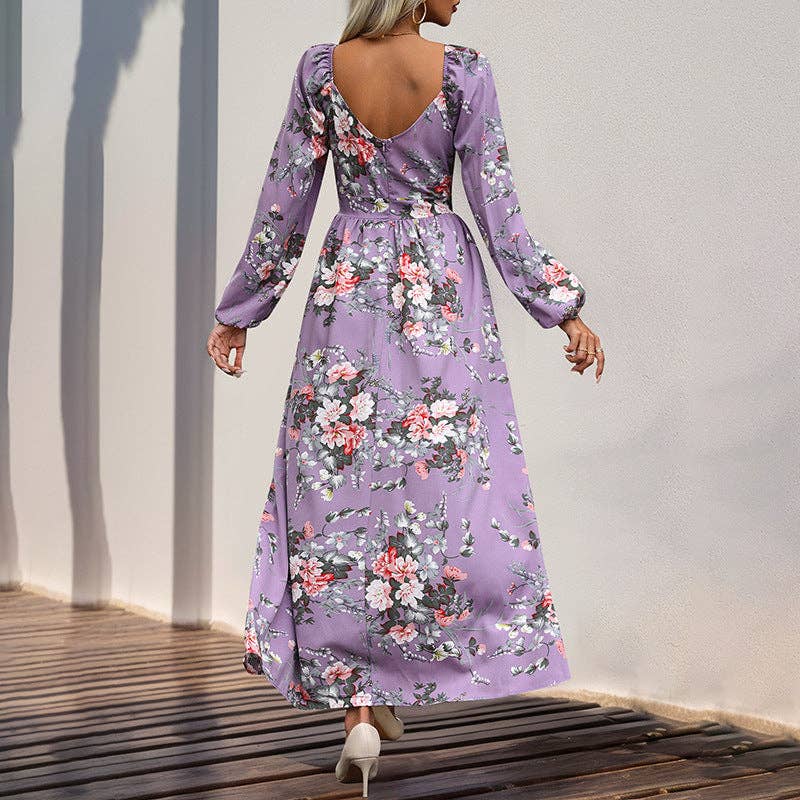 Women Floral Printed Elegant V-Neck Long Sleeve Maxi Dress: Black / M