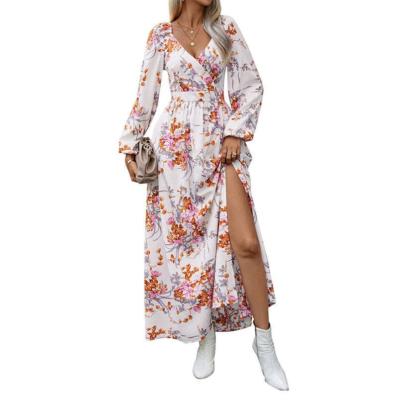 Women Floral Printed Elegant V-Neck Long Sleeve Maxi Dress: Black / M