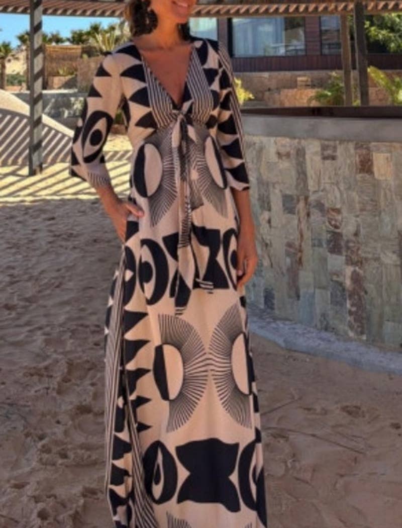 Boho Tribal Print Kaftan Dress: BLACK / M