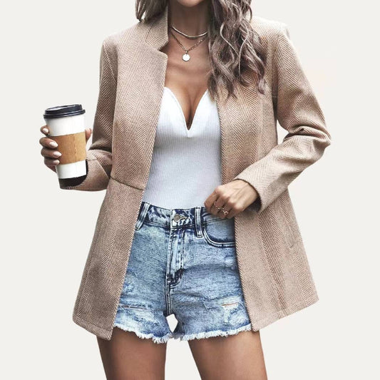 Striped Pattern Mock Neck Open Front Long Sleeve Blazer: Khaki / S