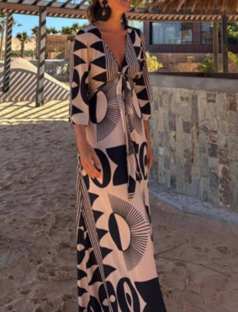 Boho Tribal Print Kaftan Dress: BLACK / M