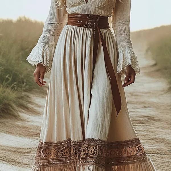 Vintage Denim-Inspired Bohemian Maxi Dress: M