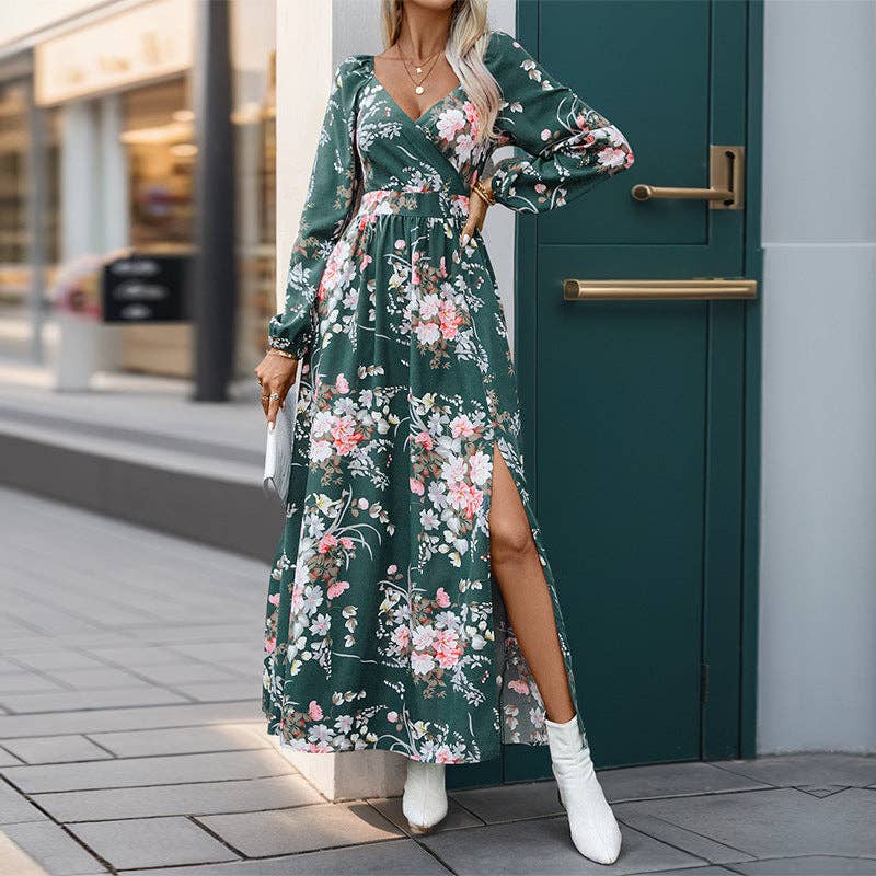 Women Floral Printed Elegant V-Neck Long Sleeve Maxi Dress: Black / M