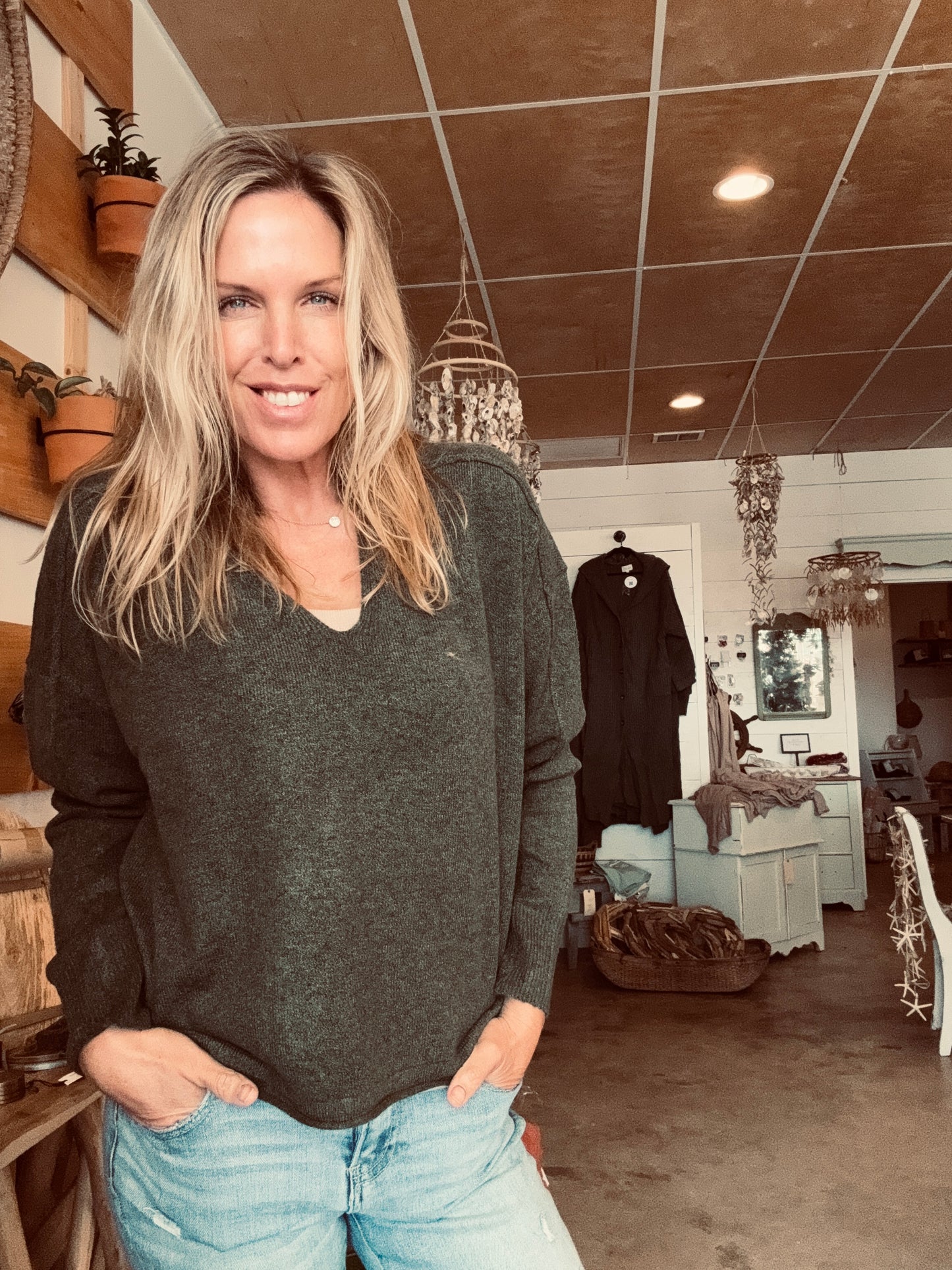 Green pullover V neck