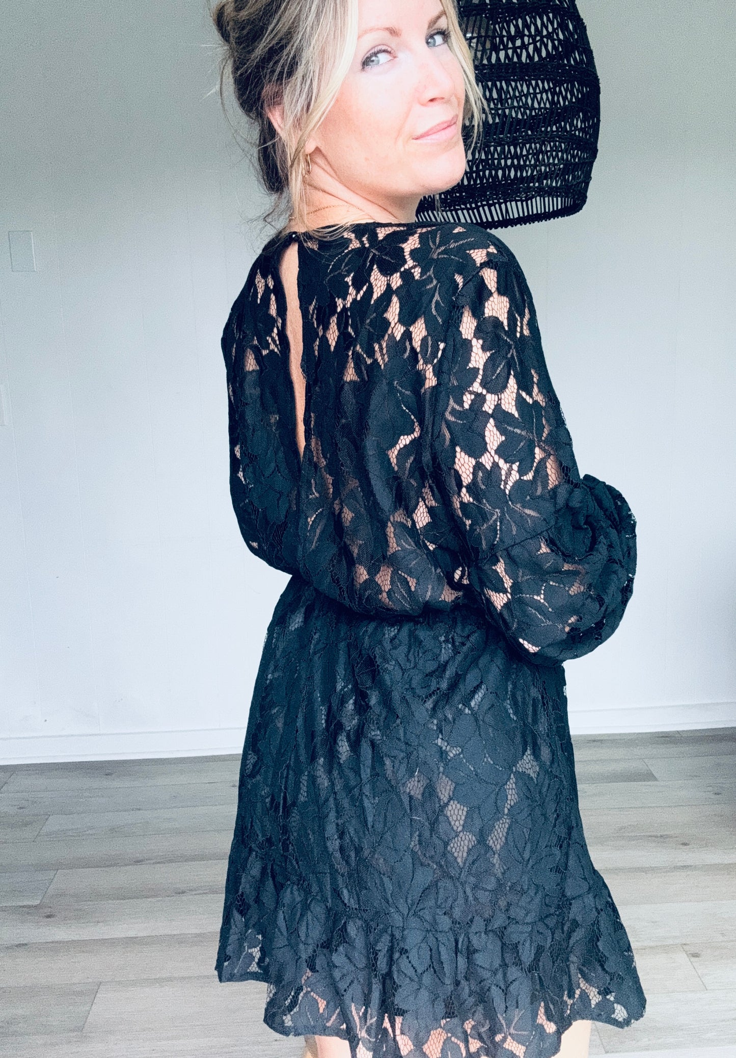 Lady Grace Lace Solid V Neck Long Sleeve Mini Dress: Dark Green