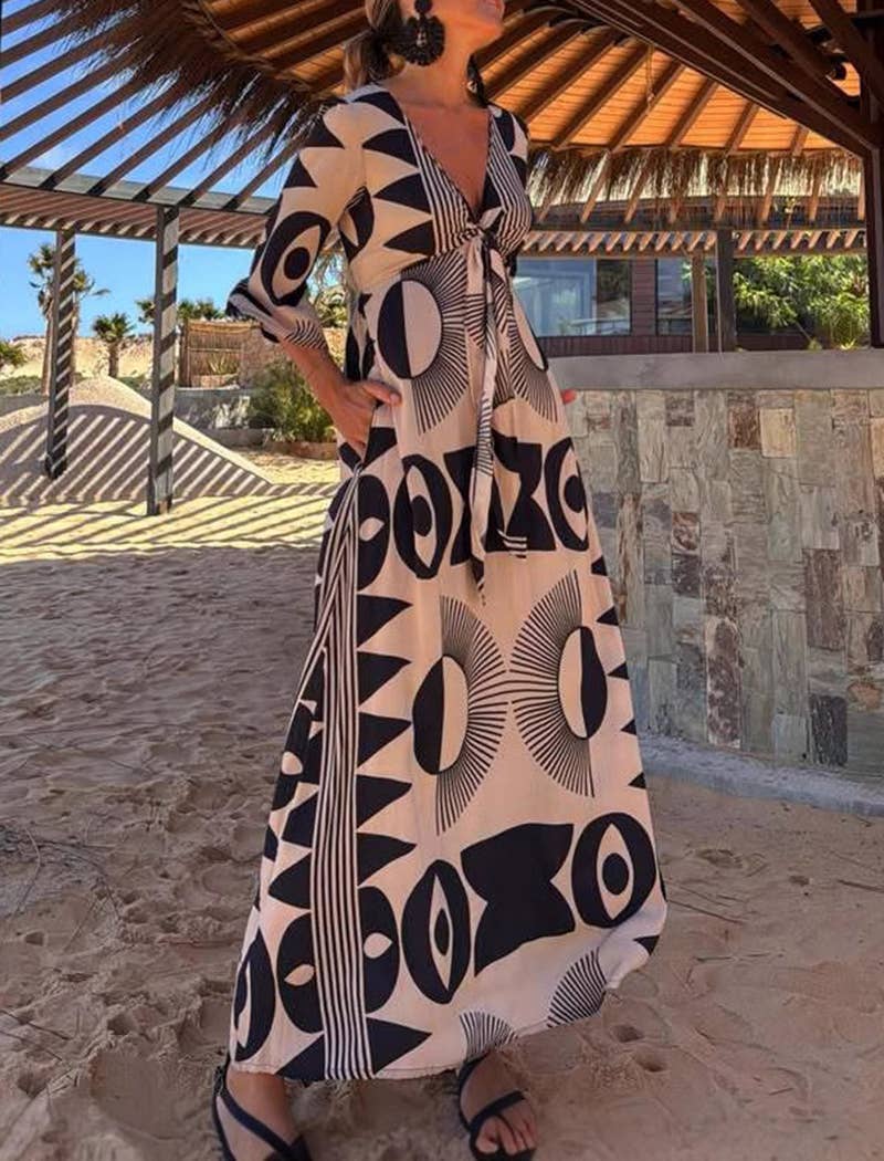Boho Tribal Print Kaftan Dress: BLACK / M