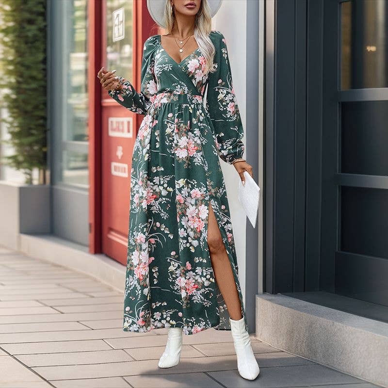 Women Floral Printed Elegant V-Neck Long Sleeve Maxi Dress: Black / M