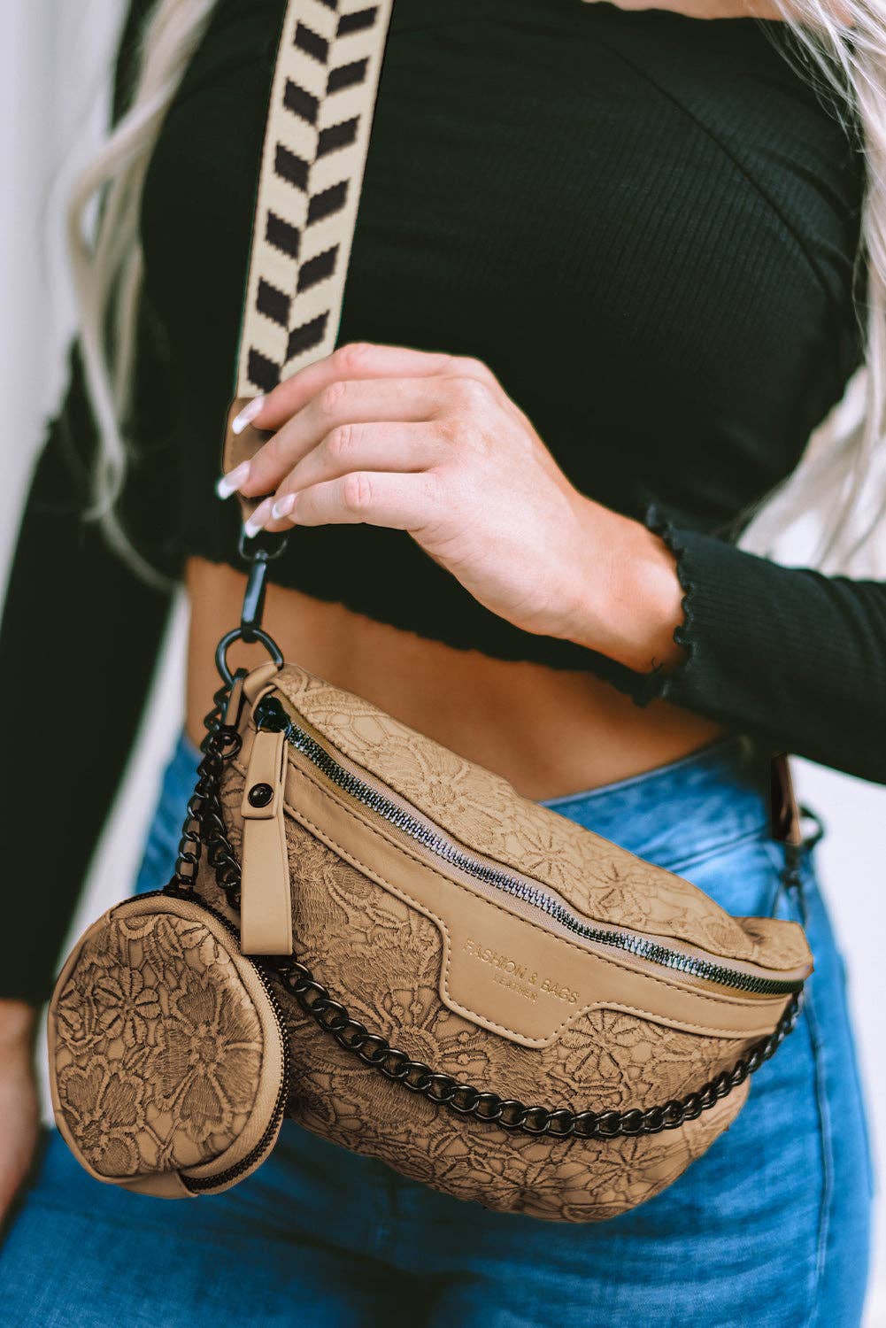 Colorblock Strap Chain Shoulder Bag With Coin Purse: Camel