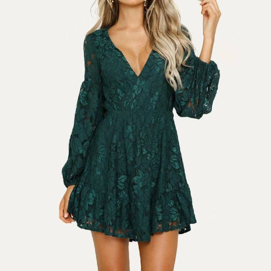 Lady Grace Lace Solid V Neck Long Sleeve Mini Dress: Dark Green / M