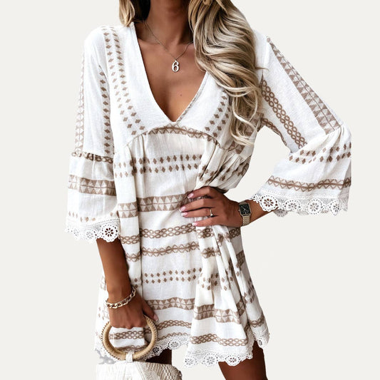 Perfect Boho-Style Printed V-Neck Crochet Lace Mini Dress: COFFEE / L