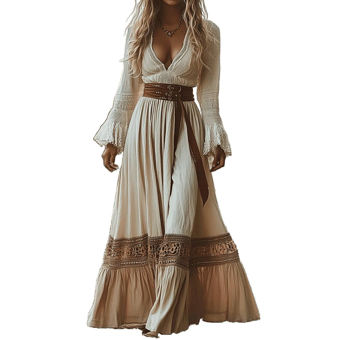 Vintage Denim-Inspired Bohemian Maxi Dress: M