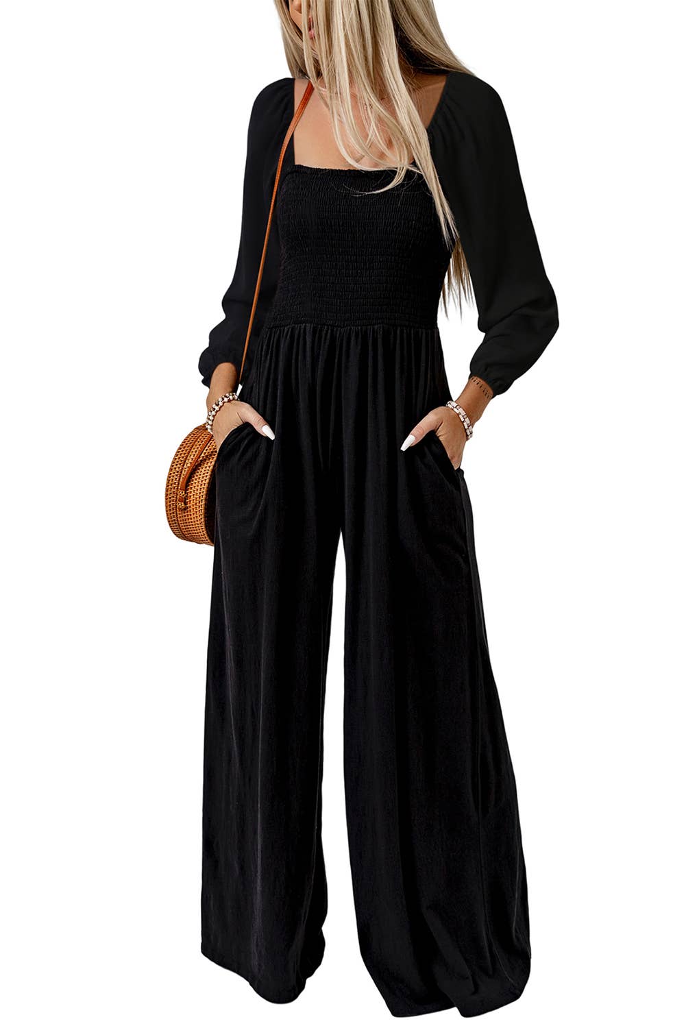 Smocked Puff Long Sleeve Jumpsuit