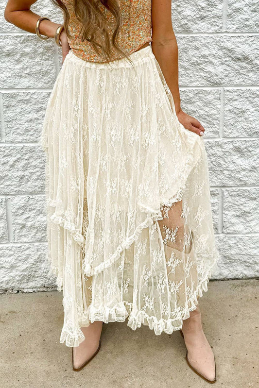 Beige Lace Cascading Tiered High Waist Maxi Skirt: Beige / 90%Polyamide+10%Elastane / L
