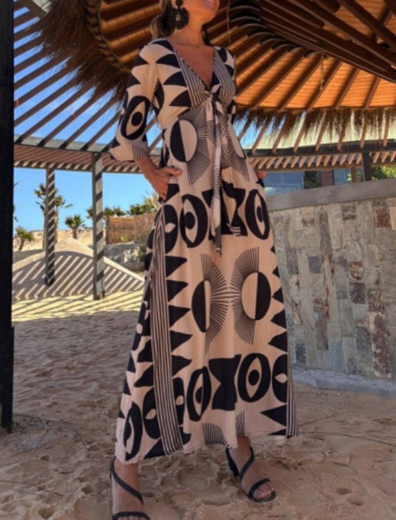 Boho Tribal Print Kaftan Dress: BLACK / M